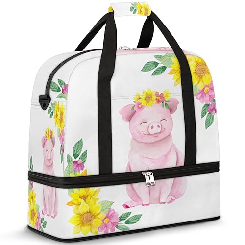 Cute Farm Pig Travel Duffle Bag for Women Men Flower Pig Weekend Overnight Bags Foldable Wet Separated 47L Tote Bag for Sports Gym Yoga, farbe, 47 L, Taschen-Organizer von WowPrint