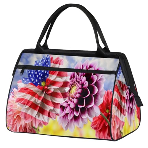 Dahlia Flower USA Flag Travel Duffle Bag for Women Men Kids Girls Flower Weekend Overnight Bags 24 L Holdall Tote Cabin Bag for Sports Gym Yoga, farbe, (24L) UK, Taschen-Organizer von WowPrint