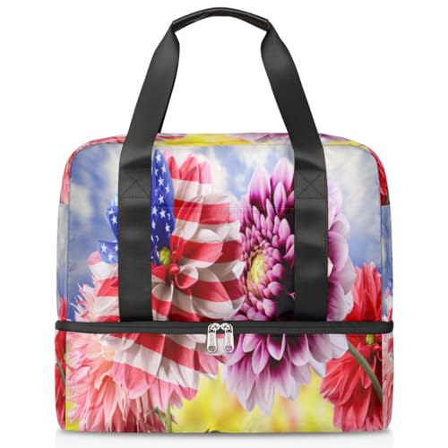 Dahlia Flower USA Flagge Sport Duffle Bag für Damen Herren Jungen Kirls Blume Wochenende Übernachtung Taschen nass getrennt 21L Tragetasche für Reisen Gym Yoga, farbe, 21L, Taschen-Organizer von WowPrint