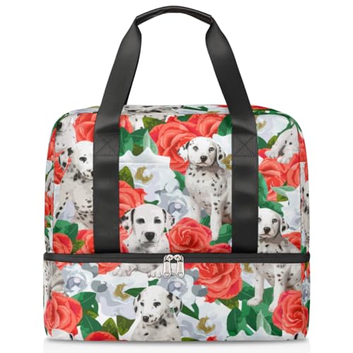 Dalmatins Hund Blume Sport Duffle Bag für Damen Herren Jungen Kirls Cute Dog Weekend Overnight Bags Wet Separated 21L Tote Bag for Travel Gym Yoga, farbe, 21L, Taschen-Organizer von WowPrint