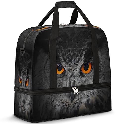 Eagle Owl Eyes Travel Duffle Bag for Women Men Owl Weekend Overnight Bags Foldable Wet Separated 47L Tote Bag for Sports Gym Yoga, farbe, 47 L, Taschen-Organizer von WowPrint