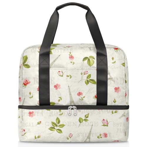 Eiffelturm Blumen Blätter Sport Duffle Bag für Damen Herren Jungen Kirls Wochenende Übernachtungstaschen nass getrennt 21L Tragetasche für Reisen Gym Yoga, farbe, 21L, Taschen-Organizer von WowPrint