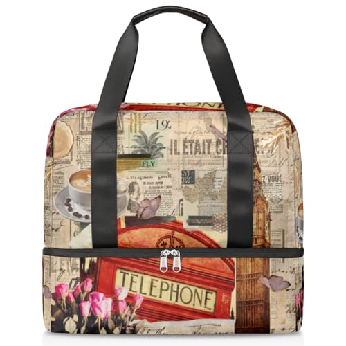 Englan London Theme Vintage Sports Duffle Bag for Women Men Boys Kirls, 21L Weekend Overnight Bags Wet Separated Tote Bag for Travel Gym Yoga, farbe, 21L, Taschen-Organizer von WowPrint