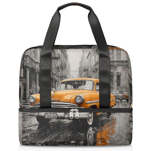 Europe City Streetscape Old Car Sport Duffle Bag für Damen Herren Jungen Kirls, 21L Wochenende Übernachtung Taschen Nass Getrennte Tragetasche für Reisen Gym Yoga, farbe, 21L, Taschen-Organizer von WowPrint