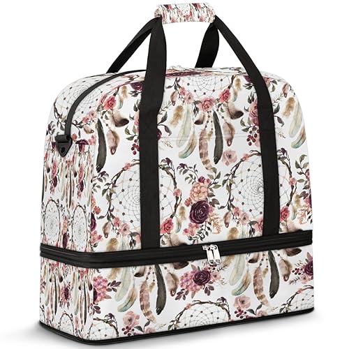 Floral Dream Catcher Travel Duffle Bag for Women Men Floral Weekend Overnight Bags Foldable Wet Separated 47L Tote Bag for Sports Gym Yoga, farbe, 47 L, Taschen-Organizer von WowPrint