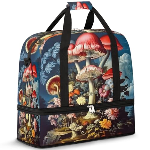 Floral Mushroom Art Travel Duffle Bag for Women Men Weekend Overnight Bags Foldable Wet Separated 47L Tote Bag for Sports Gym Yoga, farbe, 47L, Taschen-Organizer von WowPrint