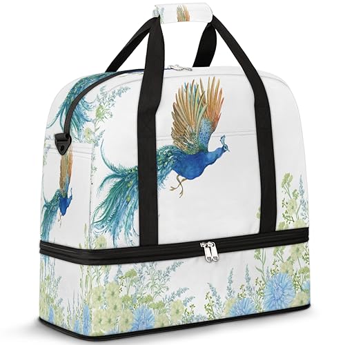 Floral Peacock in Flight Travel Duffle Bag for Women Men Peacock Weekend Overnight Bags Foldable Wet Separated 47L Tote Bag for Sports Gym Yoga, farbe, 47 L, Taschen-Organizer von WowPrint