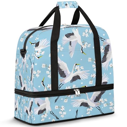 Flower Crane Travel Duffle Bag for Women Men Crane Bird Weekend Overnight Bags Foldable Wet Separated 47L Tote Bag for Sports Gym Yoga, farbe, 47 L, Taschen-Organizer von WowPrint