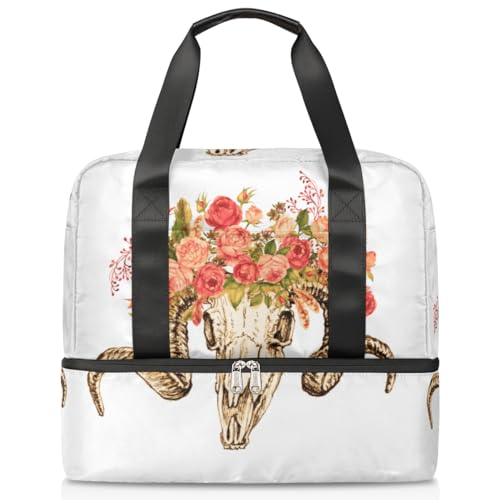 Flower Sheep Skull Sports Duffle Bag for Women Men Boys Kirls Skull Weekend Overnight Bags Wet Separated 21L Tote Bag for Travel Gym Yoga, farbe, 21L, Taschen-Organizer von WowPrint