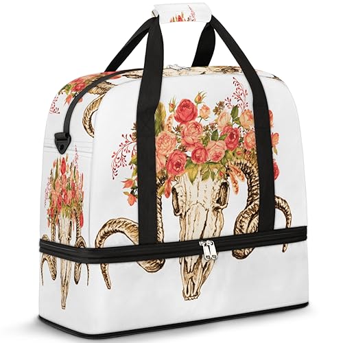 Flower Sheep Skull Travel Duffle Bag for Women Men Skull Weekend Overnight Bags Foldable Wet Separated 47L Tote Bag for Sports Gym Yoga, farbe, 47 L, Taschen-Organizer von WowPrint