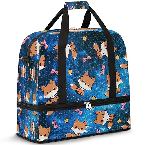 Fox Cute Travel Duffle Bag for Women Men Starry Galaxy Fox Weekend Overnight Bags Foldable Wet Separated 47L Tote Bag for Sports Gym Yoga, farbe, 47 L, Taschen-Organizer von WowPrint