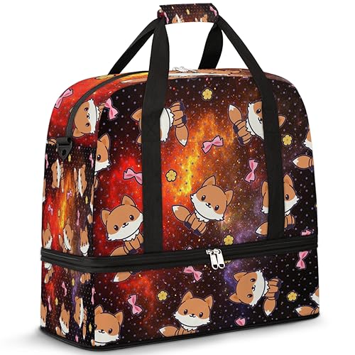 Fox Galaxy Starry Travel Duffle Bag für Damen Herren Galaxy Night Weekend Overnight Bags Faltbare Nass Getrennte 47L Tragetasche für Sport Gym Yoga, farbe, 47 L, Taschen-Organizer von WowPrint