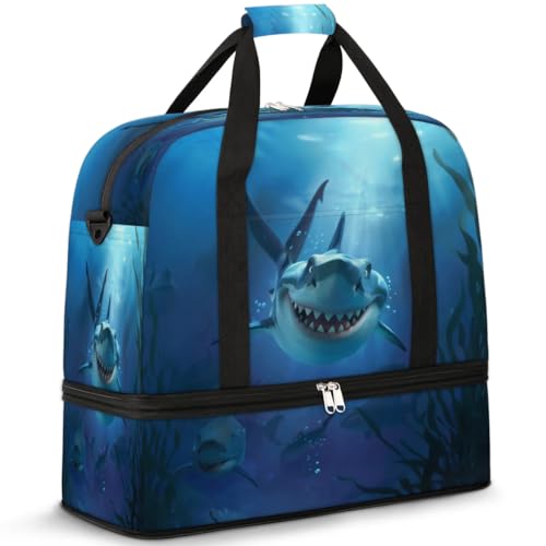 Funny Cartoon Shark Travel Duffle Bag for Women Men Weekend Overnight Bags Foldable Wet Separated 47L Tote Bag for Sports Gym Yoga, farbe, 47 L, Taschen-Organizer von WowPrint