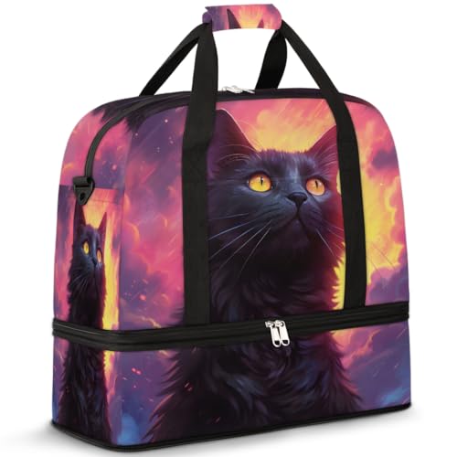 Galaxy Black Cat Travel Duffle Bag für Damen Herren Wochenende Übernachtung Taschen Faltbar Nass Getrennt 47L Tragetasche für Sport Gym Yoga, farbe, 47L, Taschen-Organizer von WowPrint