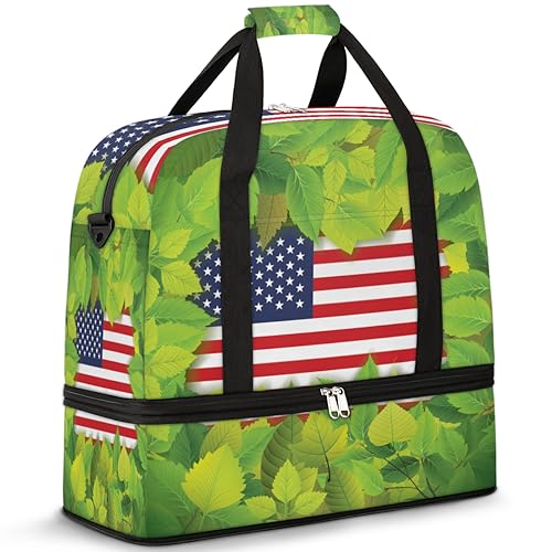 Green Leaves USA Flag Travel Duffle Bag for Women Men Leaves Weekend Overnight Bags Foldable Wet Separated 47L Tote Bag for Sports Gym Yoga, farbe, 47 L, Taschen-Organizer von WowPrint
