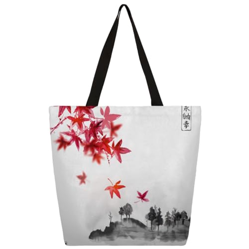 Handtasche mit japanischem Ahorn-Tintenmalerei, Einkaufstasche für Frauen und Mädchen, große Tragetasche, große Kapazität, umweltfreundlich, lässig, Segeltuch, für Reisen, Arbeit, Schule, farbig, von WowPrint