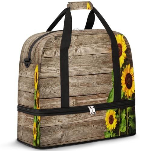 Herbst Sonnenblume Holz Reise Duffle Bag für Frauen Männer Wochenende Übernachtung Taschen Faltbar Nass Getrennt 47L Tragetasche für Sport Gym Yoga, farbe, 47L, Taschen-Organizer von WowPrint