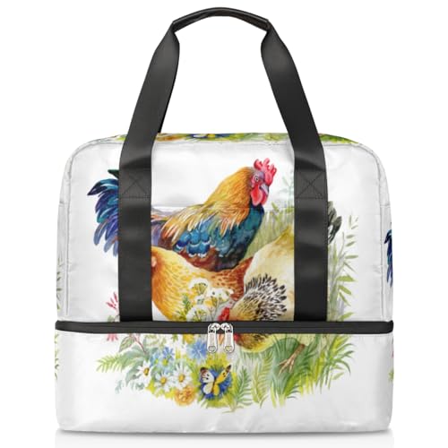 Huhn und Hahn im Gras Sport Duffle Bag für Damen Herren Jungen Kirls Rooster Weekend Overnight Bags Wet Separated 21L Tote Bag for Travel Gym Yoga, farbe, 21L, Taschen-Organizer von WowPrint