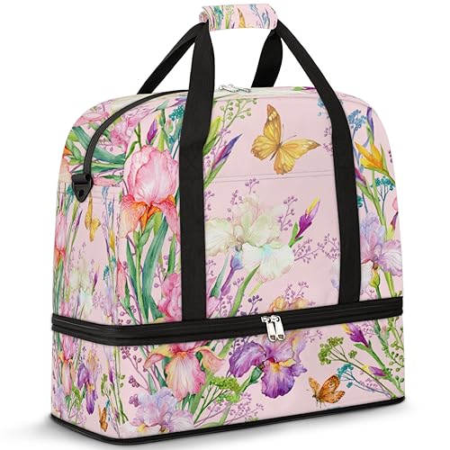 Irises Blumen und Schmetterling Reise Duffle Bag für Damen Herren Blumen Wochenende Übernachtung Taschen Faltbare Nass Getrennt 47L Tote Bag für Sport Gym Yoga, farbe, 47 L, Taschen-Organizer von WowPrint