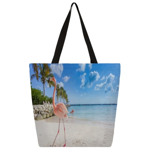 Island Beach Flamingos Handtasche Shopper Tasche für Damen und Mädchen, Flamingos, große Tragetasche, große Kapazität, umweltfreundlich, lässig, Segeltuch für Reisen, Arbeit, Schule, farbig, X-Large von WowPrint