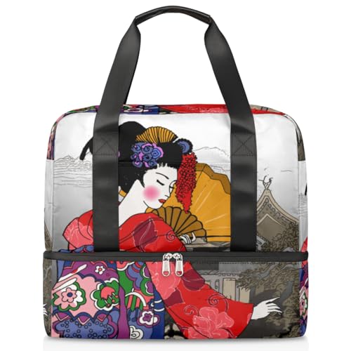 Japan Geisha Woman Sport Duffle Bag for Women Men Boys Kirls Japan Landscape Weekend Overnight Bags Wet Separated 21L Tote Bag for Travel Gym Yoga, farbe, 21L, Taschen-Organizer von WowPrint