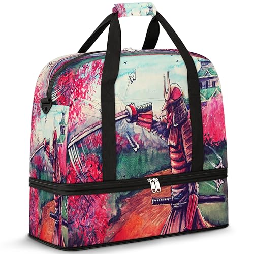 Japan Samurai Malerei Reise Duffle Bag für Frauen Männer Japan Landschaft Wochenende Übernachtung Taschen Faltbare Nass Getrennt 47L Tragetasche für Sport Gym Yoga, farbe, 47 L, Taschen-Organizer von WowPrint