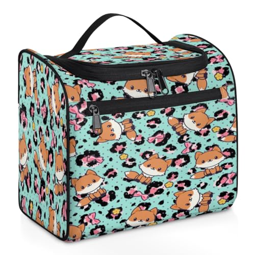 Kosmetiktasche mit Cartoon-Füchsen, Leopardenmuster, für Damen, Herren, Kinder, Mädchen, Jungen, Fuchs, lustig, 11,2 l, Kosmetiktasche, Kulturbeutel, Kulturbeutel, Kulturbeutel, Organizer, von WowPrint