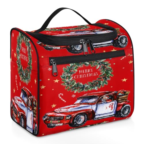 Kosmetiktasche mit Weihnachtskranz, rot, für Damen, Herren, Kinder, Mädchen, Jungen, Weihnachten, Autos, 11,2 l, Kosmetiktasche zum Aufhängen, Kulturbeutel, Toilettenartikel, Organizer, Duschtasche, von WowPrint