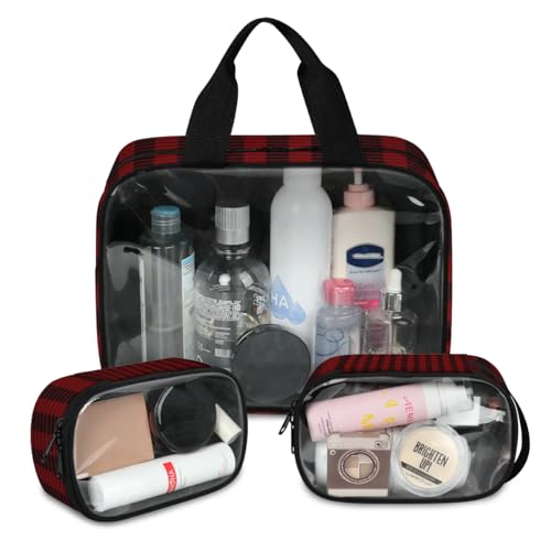 Kosmetiktasche mit Weihnachtsmotiv, kariert, für Damen und Herren, Büffelkaro, durchsichtig, 3 Stück, große Duschtasche, Kulturbeutel, Kosmetik, Toilettenartikel, Organizer, farbe, L, Kosmetiktasche von WowPrint