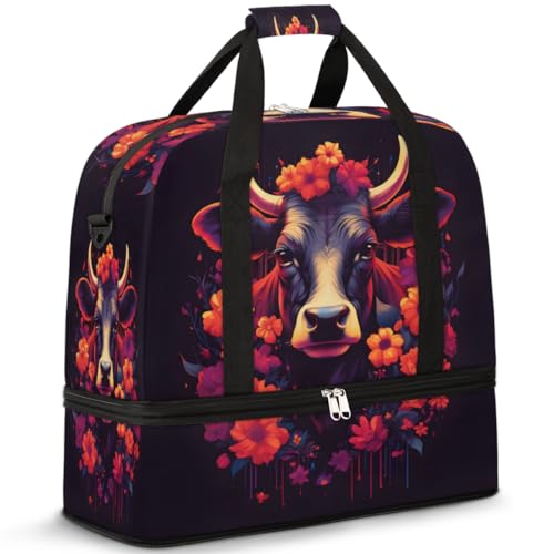 Kuh Blume Druck Reise Duffle Bag für Frauen Männer Wochenende Übernachtung Taschen Faltbare Nass Getrennt 47L Tote Bag für Sport Gym Yoga, farbe, 47L, Taschen-Organizer von WowPrint