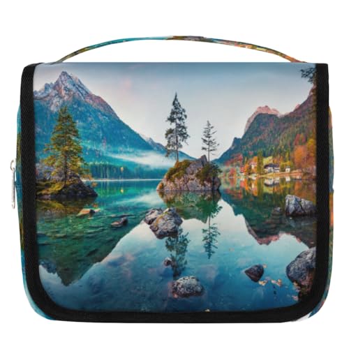 Kulturbeutel mit Morgenalpen am See, Landschaft, Reise-Kulturbeutel für Damen, Herren, Kinder, Mädchen, Jungen, Landschafts-Make-up-Kosmetiktasche, hängende Kulturbeutel, Kulturbeutel, Organizer, von WowPrint