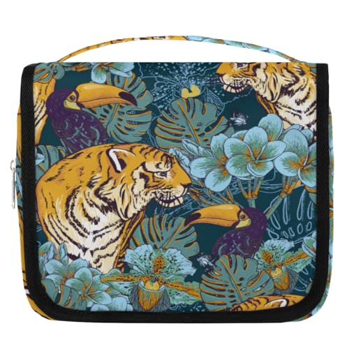 Kulturbeutel mit tropischem Tukan, Blume, Tiger, Reise-Kulturbeutel für Damen, Herren, Kinder, Mädchen, Jungen, Tiger, Make-up-Kosmetiktasche, hängende Waschtasche, Kulturbeutel, Organizer, von WowPrint