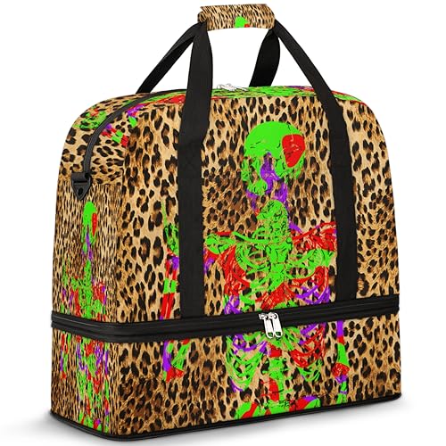 Leopard Goth Skull Travel Duffle Bag for Women Men Skull Pattern Weekend Overnight Bags Foldable Wet Separated 47L Tote Bag for Sports Gym Yoga, farbe, 47 L, Taschen-Organizer von WowPrint