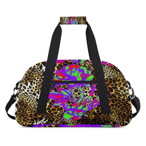 Leopard Schädel Kinder Duffel Taschen für Mädchen Jungen, Hand Schädel Rose Übernachtung Weekender Reisetasche 24L Sport Gym Duffel Bag Praxis Tote Tragetasche, farbe, (24L) UK, Taschen-Organizer von WowPrint