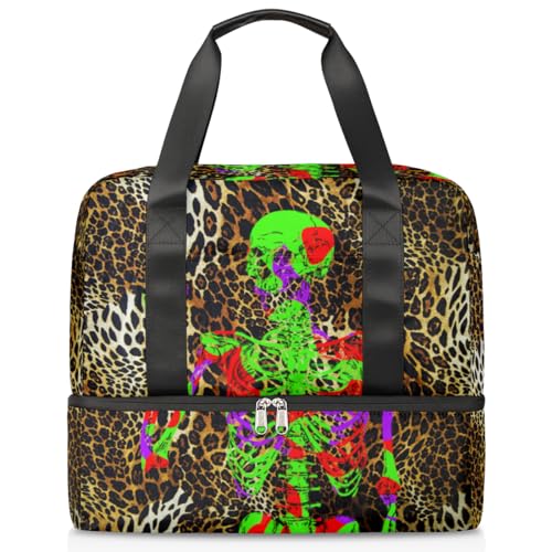 Leopard Skin Skull Sports Duffle Bag for Women Men Boys Kirls Skull Goth Weekend Overnight Bags Wet Separated 21L Tote Bag for Travel Gym Yoga, farbe, 21L, Taschen-Organizer von WowPrint