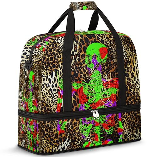 Leopard Skin Skull Travel Duffle Bag for Women Men Skull Goth Weekend Overnight Bags Foldable Wet Separated 47L Tote Bag for Sports Gym Yoga, farbe, 47 L, Taschen-Organizer von WowPrint