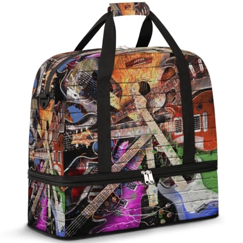 Lightning Bunte Musik E-Gitarre Reise Duffle Bag für Frauen Männer Wochenende Übernachtung Taschen Faltbar Nass Getrennt 47 L Tragetasche für Sport Gym Yoga, farbe, 47L, Taschen-Organizer von WowPrint