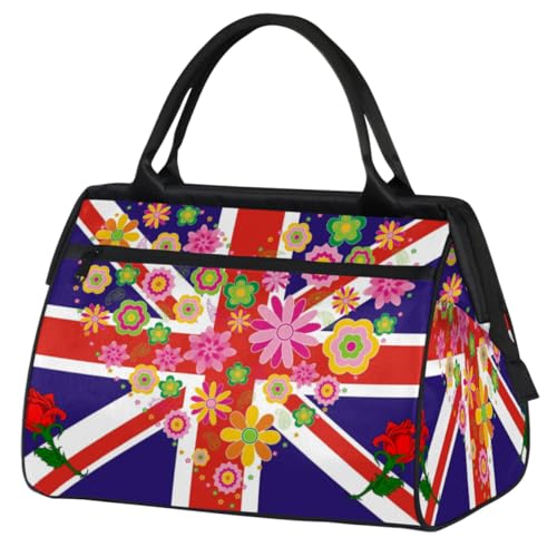 Love Flower Reisetasche mit britischer Flagge, für Damen, Herren, Kinder, Mädchen, Flagge, Wochenende, Übernachtungstaschen, 24 l, Reisetasche für Sport, Fitnessstudio, Yoga, farbe, (24L) UK, von WowPrint