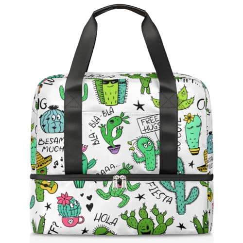 Lustige Cartoon Kaktus Sport Duffle Bag für Frauen Männer Jungen Kirls Kaktus Wochenende Übernachtung Taschen Nass Getrennt 21L Tragetasche für Reisen Gym Yoga, farbe, 21L, Taschen-Organizer von WowPrint