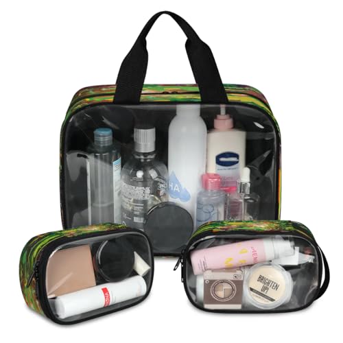 Lustige Dinosaurier-Weltraum-Reise-Make-up-Tasche für Damen und Herren, Dinosaurier-Druck, durchscheinende Kosmetiktaschen, 3 Stück, große Duschtasche, Kulturbeutel, Kosmetik, Toilettenartikel, von WowPrint