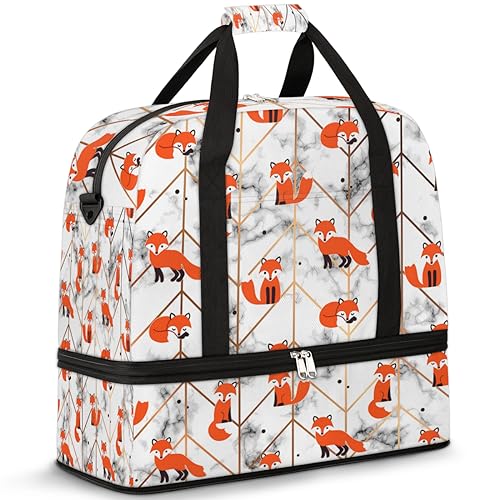 Marble Fox Pattern Travel Duffle Bag for Women Men Foxs Weekend Overnight Bags Foldable Wet Separated 47L Tote Bag for Sports Gym Yoga, farbe, 47 L, Taschen-Organizer von WowPrint