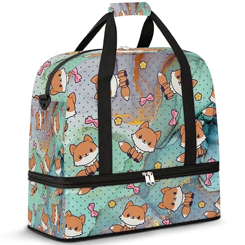 Marble Fox Print Travel Duffle Bag for Women Men Marble Art Weekend Overnight Bags Foldable Wet Separated 47L Tote Bag for Sports Gym Yoga, farbe, 47 L, Taschen-Organizer von WowPrint