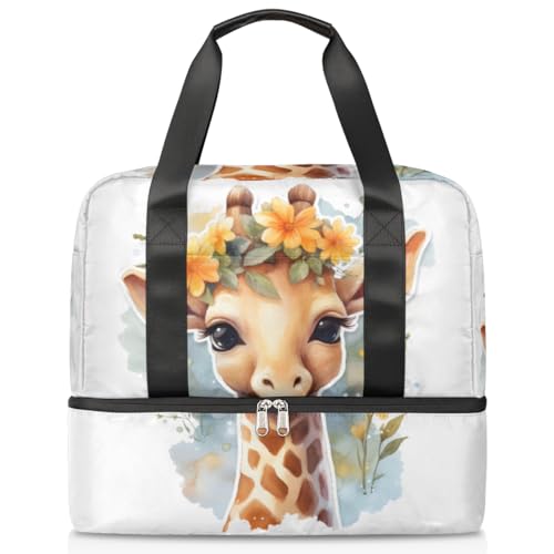 Niedliche Blumen-Giraffen-Sporttasche für Damen Herren Jungen Kirls, 21 l Wochenend-Übernachtungstaschen, nass, getrennte Tragetasche für Reisen, Fitnessstudio, Yoga, farbe, 21L, Taschen-Organizer von WowPrint