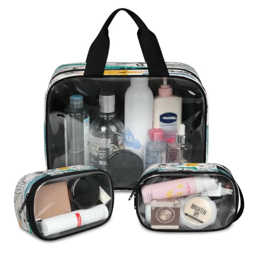 Niedliche Dinosaurier-Reise-Make-up-Tasche für Damen und Herren, Dinosaurier-Marmor-Textur, durchscheinende Kosmetiktaschen, 3 Stück, große Duschtasche, Kulturbeutel, Kosmetik, Toilettenartikel, von WowPrint