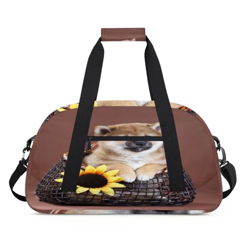 Niedliche Welpen-Sonnenblumen-Reisetasche für Mädchen und Jungen, Welpenhund über Nacht, Wochenend-Reisetasche, 24 l, Sporttasche, Sporttasche, Sporttasche, Tragetasche, farbe, (24L) UK, von WowPrint