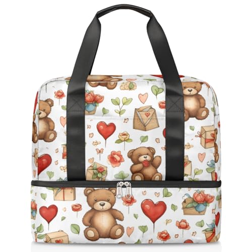 Niedlicher Valentinstag Bär Sport Duffle Bag für Damen Herren Jungen Kirls, 21L Wochenende Übernachtung Taschen Nass Getrennte Tragetasche für Reisen Gym Yoga, farbe, 21L, Taschen-Organizer von WowPrint