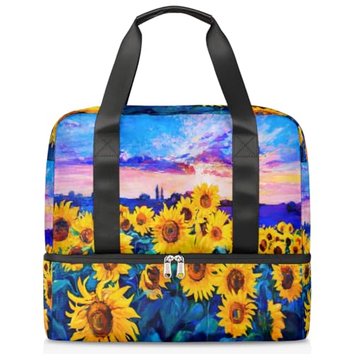 Ölgemälde Sonnenblume Sport Duffle Bag für Frauen Männer Jungen Kirls Sonnenblume Wochenende Übernachtung Taschen Nass Getrennt 21L Tragetasche für Reisen Gym Yoga, farbe, 21L, Taschen-Organizer von WowPrint