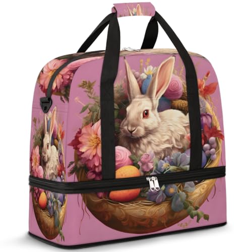 Osterhase Häschen Eier Blume Reise Duffle Bag für Frauen Männer Wochenende Übernachtung Taschen Faltbare Nass Getrennt 47L Tragetasche für Sport Gym Yoga, farbe, 47L, Taschen-Organizer von WowPrint