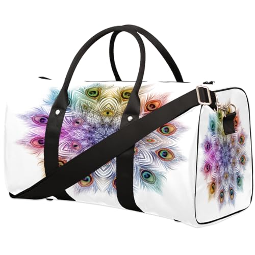 Peacock Feathers Mandala Travel Duffle Bag for Women Men Girls Boys, Feathers Weekend Overnight Bags 22.7L Tote Cabin Luggage Bag for Sports Gym Yoga, farbe, 22.7 L, Taschen-Organizer von WowPrint