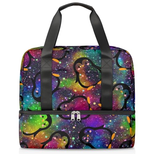 Pinguin Galaxy Sport Duffle Bag für Damen Herren Jungen Kirls Bunte Galaxie Wochenende Übernachtung Taschen nass getrennt 21 L Tragetasche für Reisen Gym Yoga, farbe, 21L, Taschen-Organizer von WowPrint